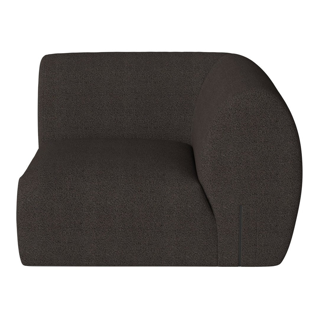 Dark charcoal upholstered sofa with a smooth, curved design and subtle texture, adding modern elegance to any space.