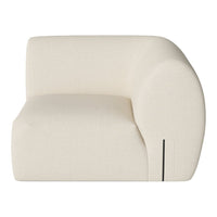 Cream-colored upholstered armchair with smooth curves and a subtle texture, featuring a minimalist black accent line.