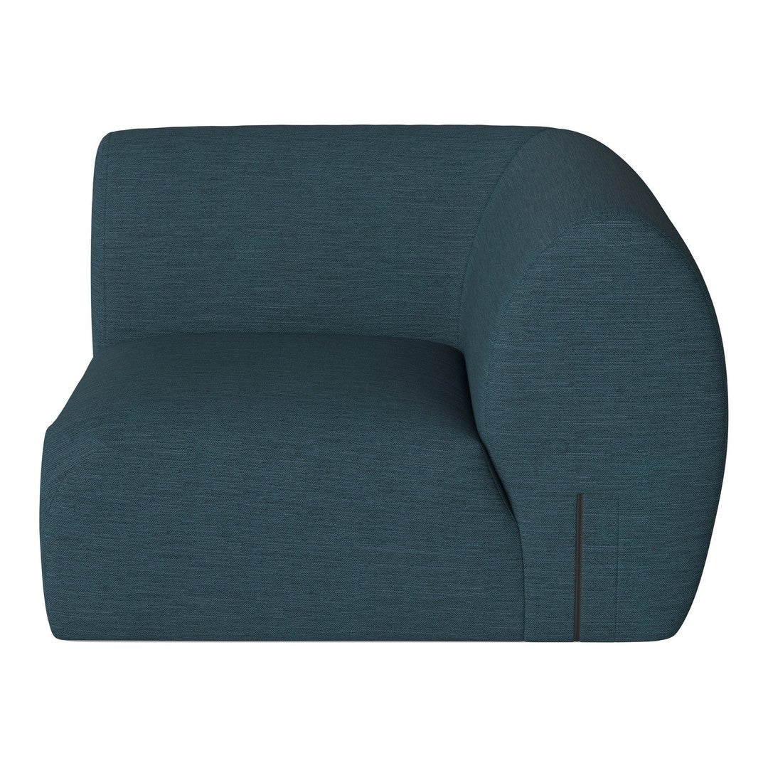 Teal upholstered sofa with a textured weave pattern, featuring a modern, rounded design and minimalistic lines.