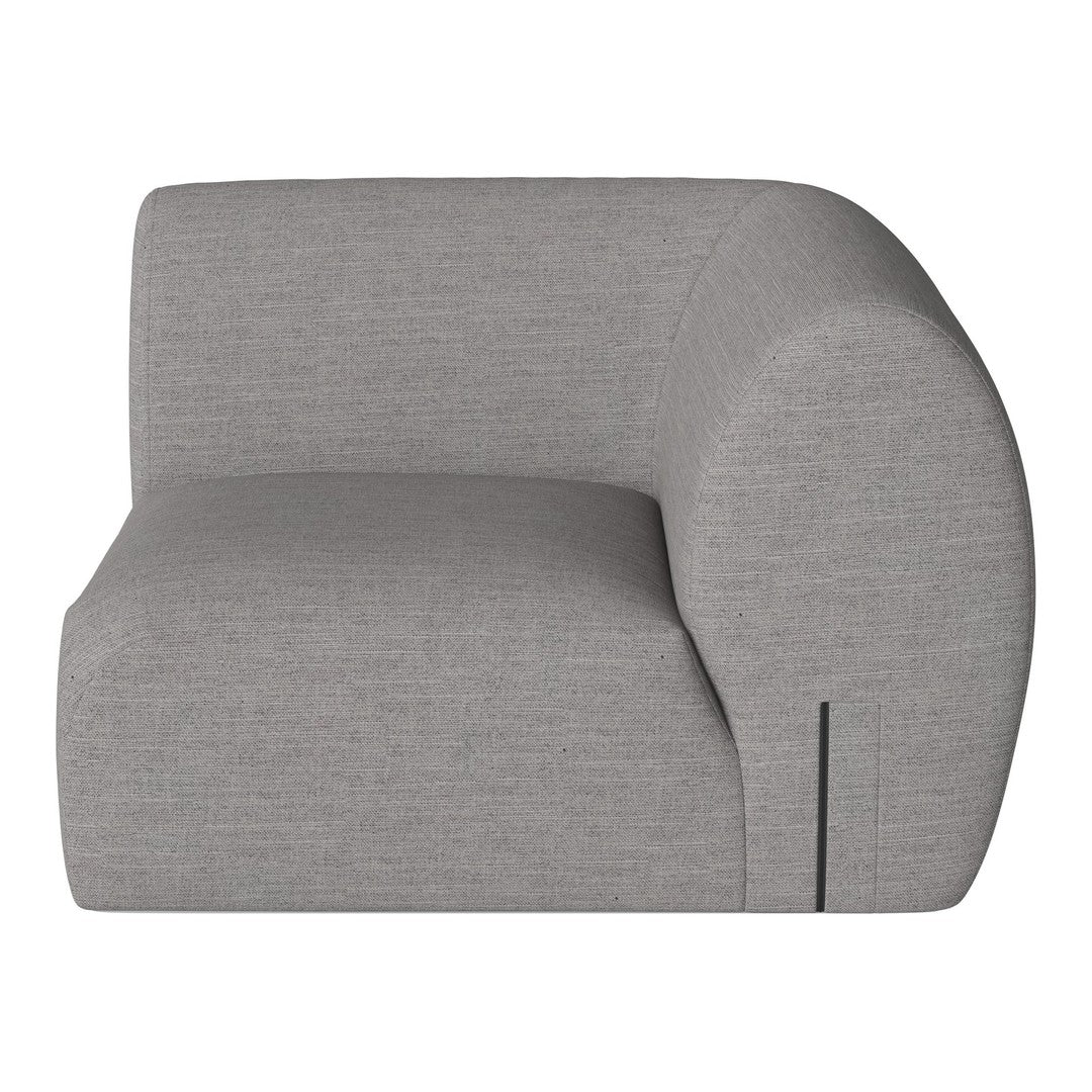 Curved gray sofa with a textured fabric pattern, offering a modern and minimalist aesthetic.