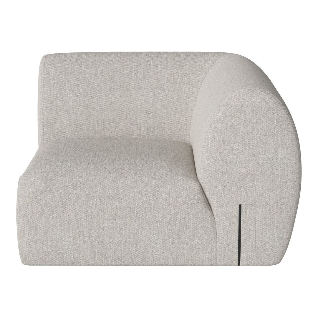 Light beige curved sofa with a textured fabric and minimalistic design, featuring subtle line detailing.