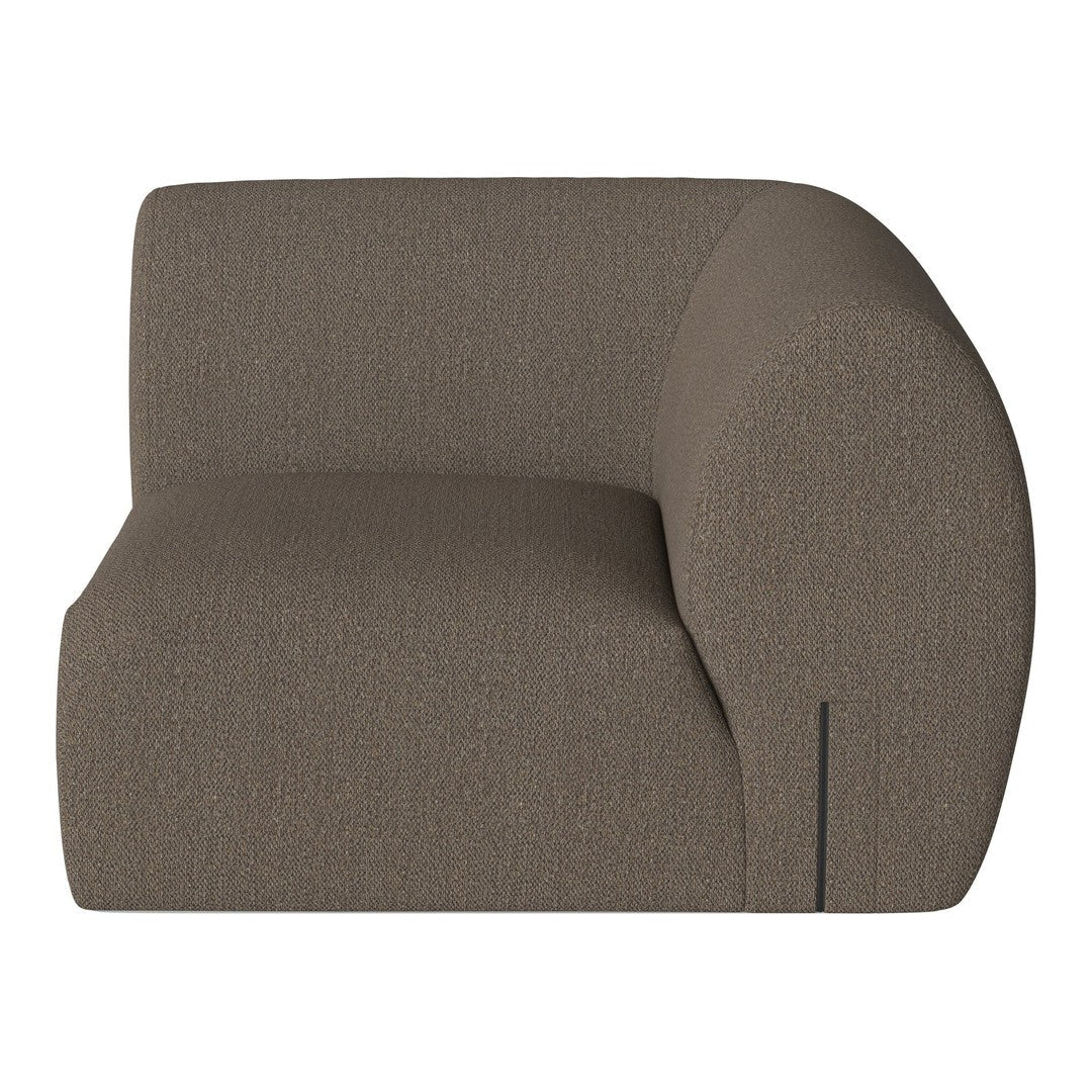 Curved, modern sofa in a warm taupe color with subtle texture and single accent seam detail. Perfect for contemporary decor.