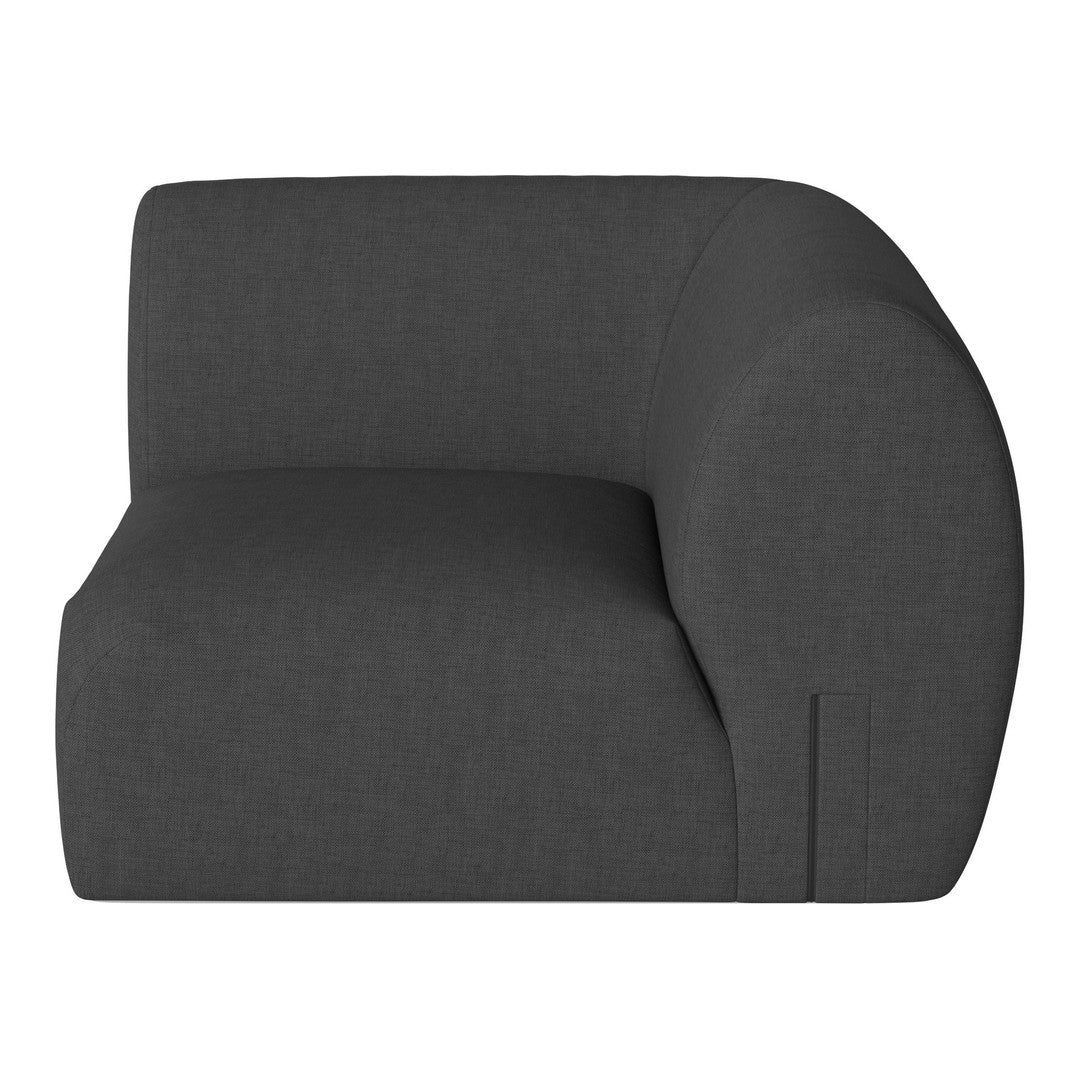 Gray curved sofa with a modern, minimalist design and soft textured fabric. Ideal for contemporary interiors.