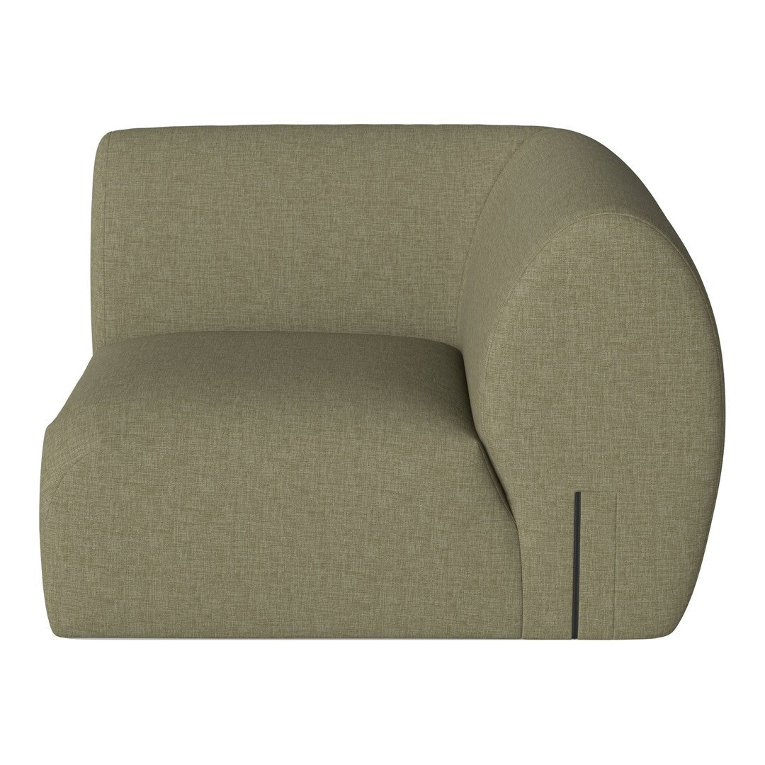 Olive green, smooth fabric upholstered armchair with a rounded design and subtle stitching detail.