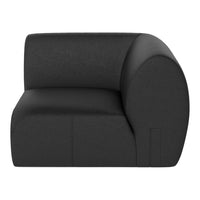 Black curved couch section with a smooth, modern fabric finish, perfect for contemporary living spaces.