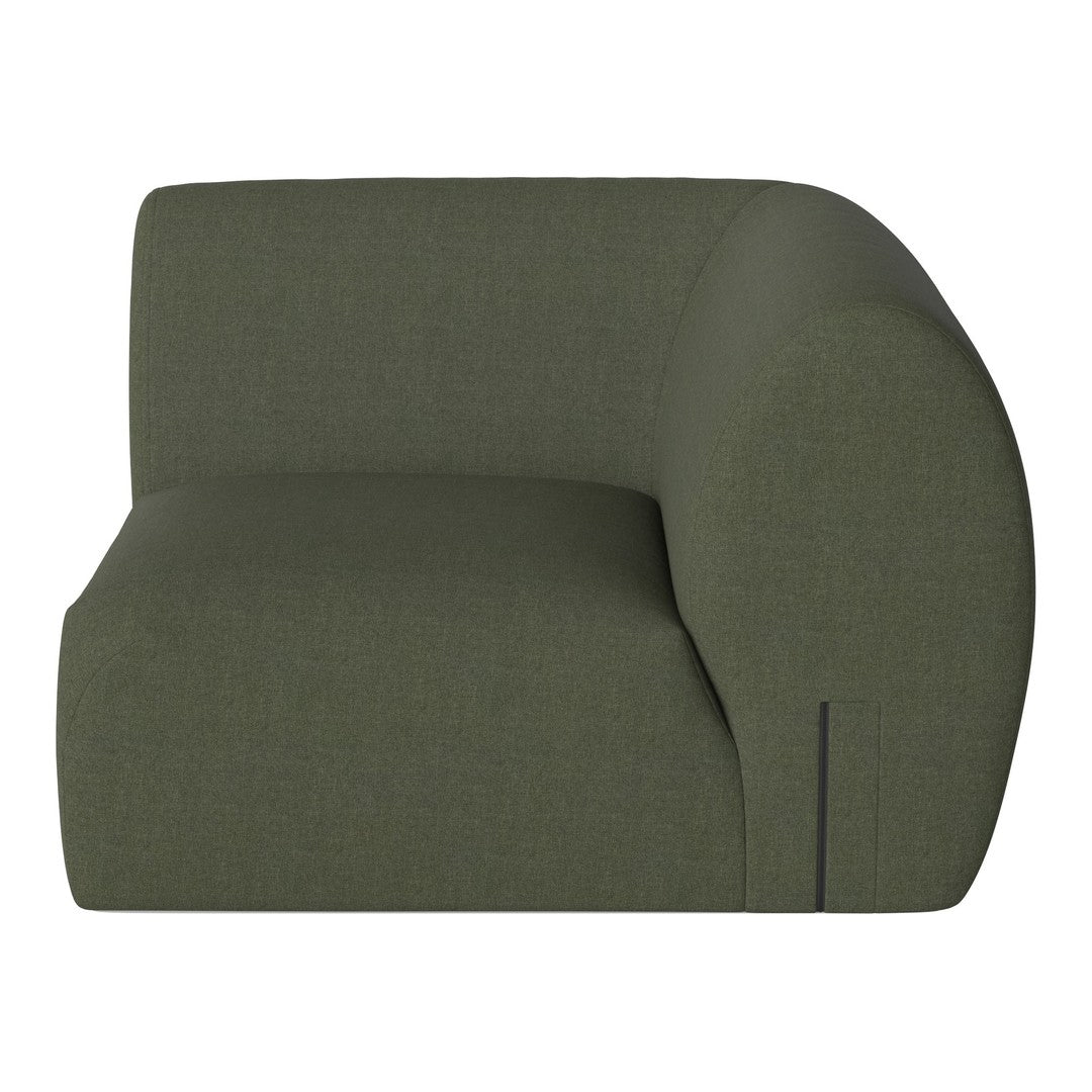 Olive green curved sofa with a smooth texture and minimalistic design, perfect for modern interiors.