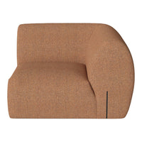 Curved brown accent chair with a textured finish and minimalistic black detail. Perfect for modern interiors.