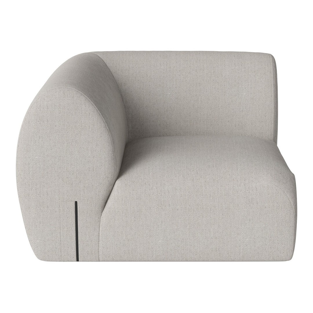 Light gray upholstered corner sofa with a sleek, rounded design and minimalistic lines, ideal for modern decor.