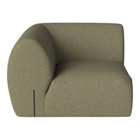 Olive green curved sofa with a textured fabric and minimalistic design, perfect for modern interiors.