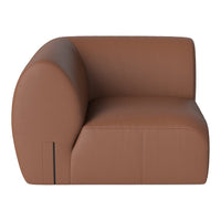 Brown leather sofa with a smooth, rounded design and minimalist aesthetic. Ideal for modern decor.