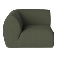Olive green upholstered sofa section with a sleek, modern design and smooth, curved edges.