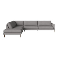 Gray sectional sofa with clean lines and minimalist design, featuring solid fabric upholstery and wooden legs.