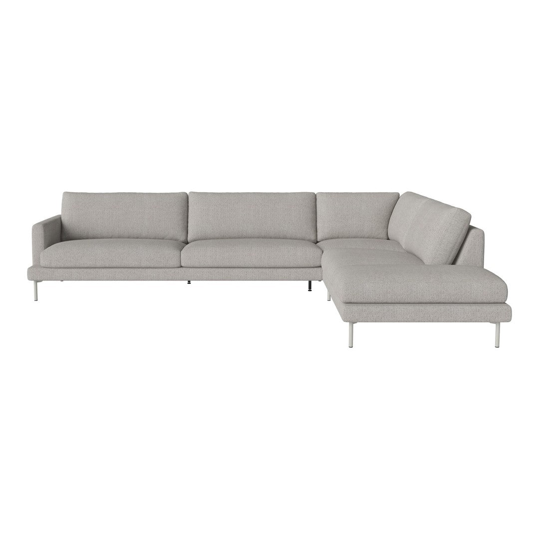 Light gray sectional sofa with a minimalist design and clean lines, featuring smooth, solid fabric upholstery.