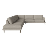 Light gray sectional sofa with subtle texture and clean lines, featuring wooden legs for a modern touch.