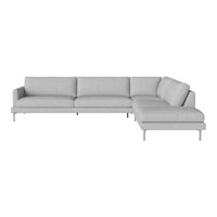 Light gray sectional sofa with a modern design featuring clean lines and soft, textured fabric.