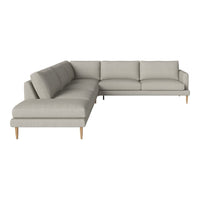 Light gray sectional sofa with a smooth texture and minimalist design, featuring wooden legs. Perfect for modern living spaces.