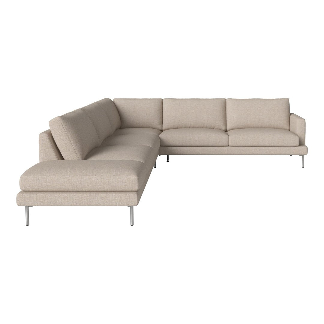 Beige sectional sofa with a clean, modern design and subtle textured pattern, featuring sleek metal legs.
