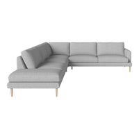 Light gray sectional sofa with a simple, modern design and wooden legs. Ideal for minimalist decor.