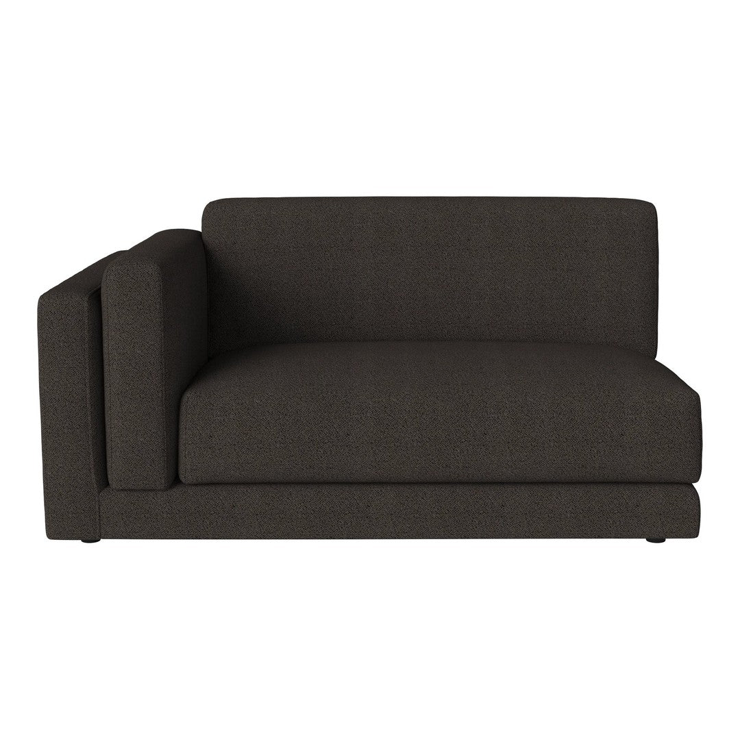 "Dark gray upholstered sofa with clean lines and a modern, minimalist design."