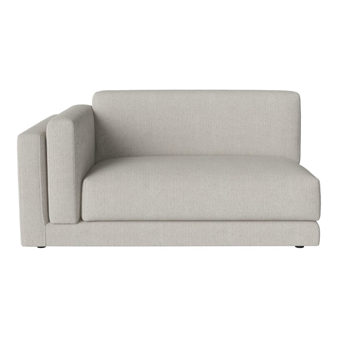 "Light gray upholstered loveseat with a minimalist design and smooth, subtle texture."