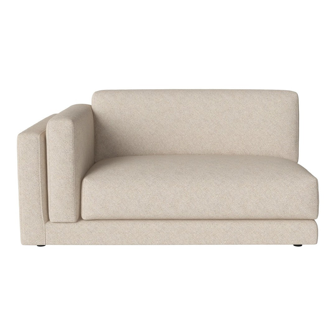 Beige upholstered sectional sofa with subtle textured pattern and clean lines, ideal for modern living spaces.