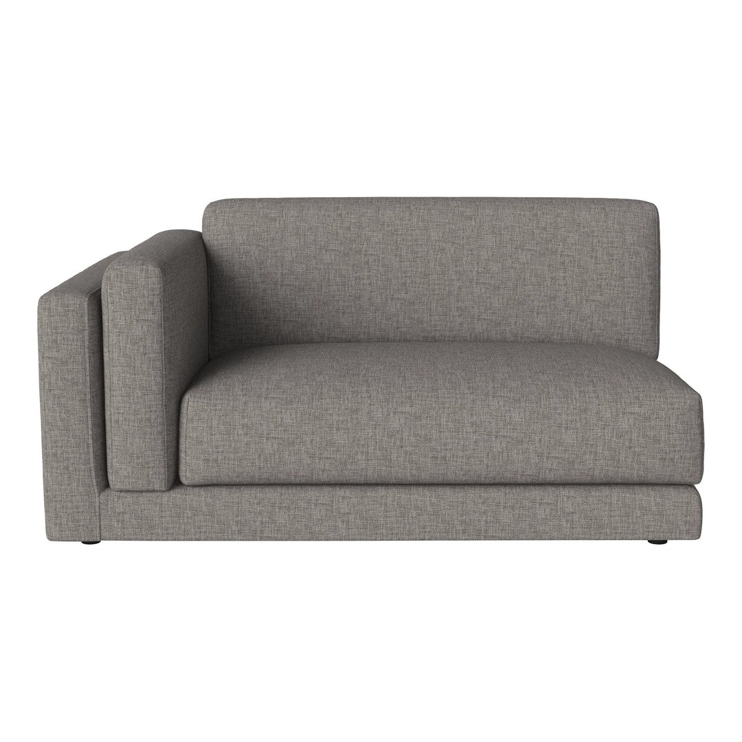 Gray one-arm loveseat with a smooth, textured fabric and minimalist design. Perfect for modern spaces.