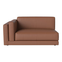 Brown leather sofa with smooth texture and minimalist design, featuring a contemporary, chic color palette.