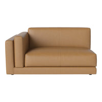 Tan leather modular sofa with a smooth, minimalist design and subtle stitching details. Perfect for modern decor.