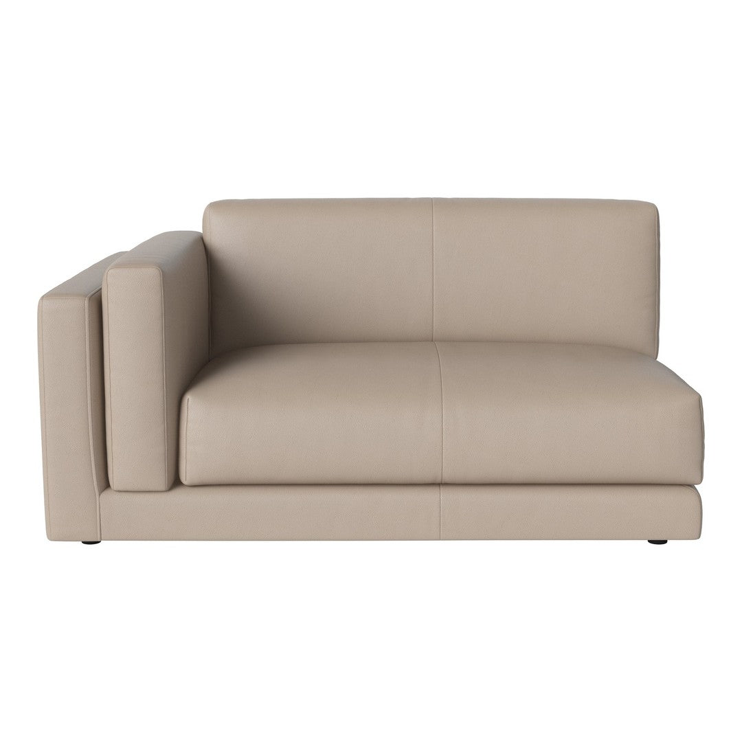 Beige upholstered sofa with a modern minimalist design and smooth texture, perfect for contemporary spaces.