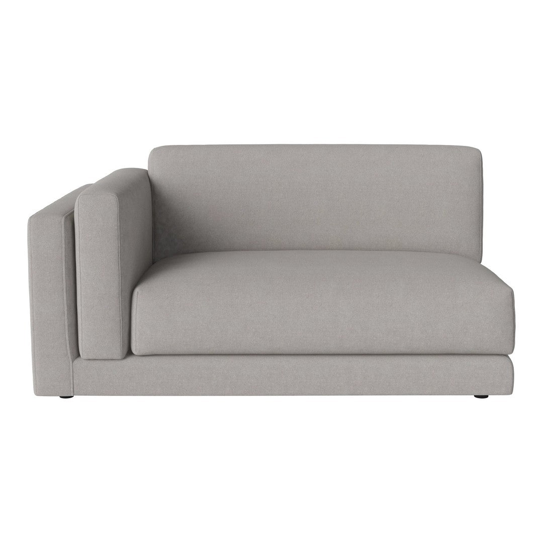 Light gray sectional sofa with solid fabric and minimalistic design, featuring clean lines and a modern aesthetic.