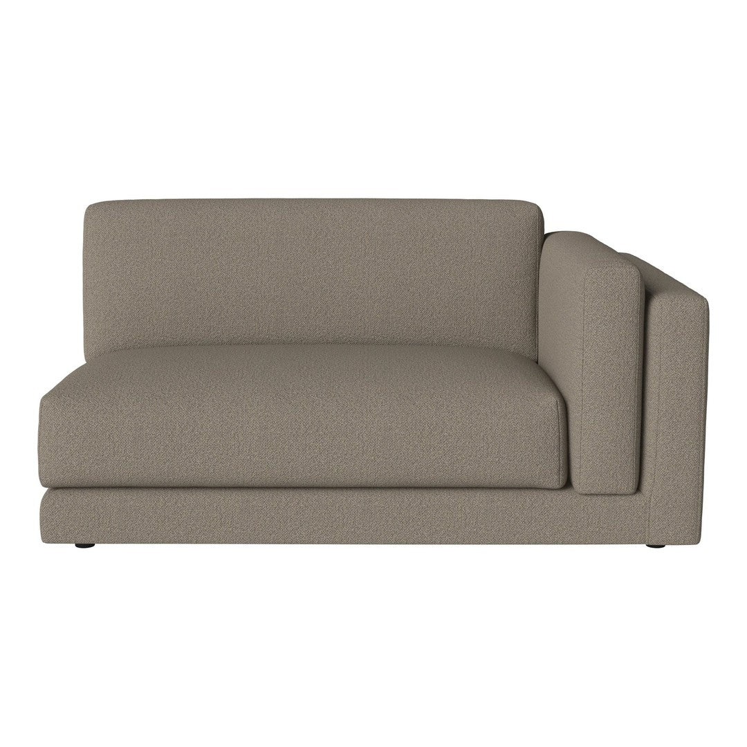 Sleek, modern sofa in a soft taupe color with a minimalist design, featuring textured upholstery.