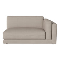 Beige fabric sofa with subtle stripes, featuring a modern, minimalist design and a sectional shape.