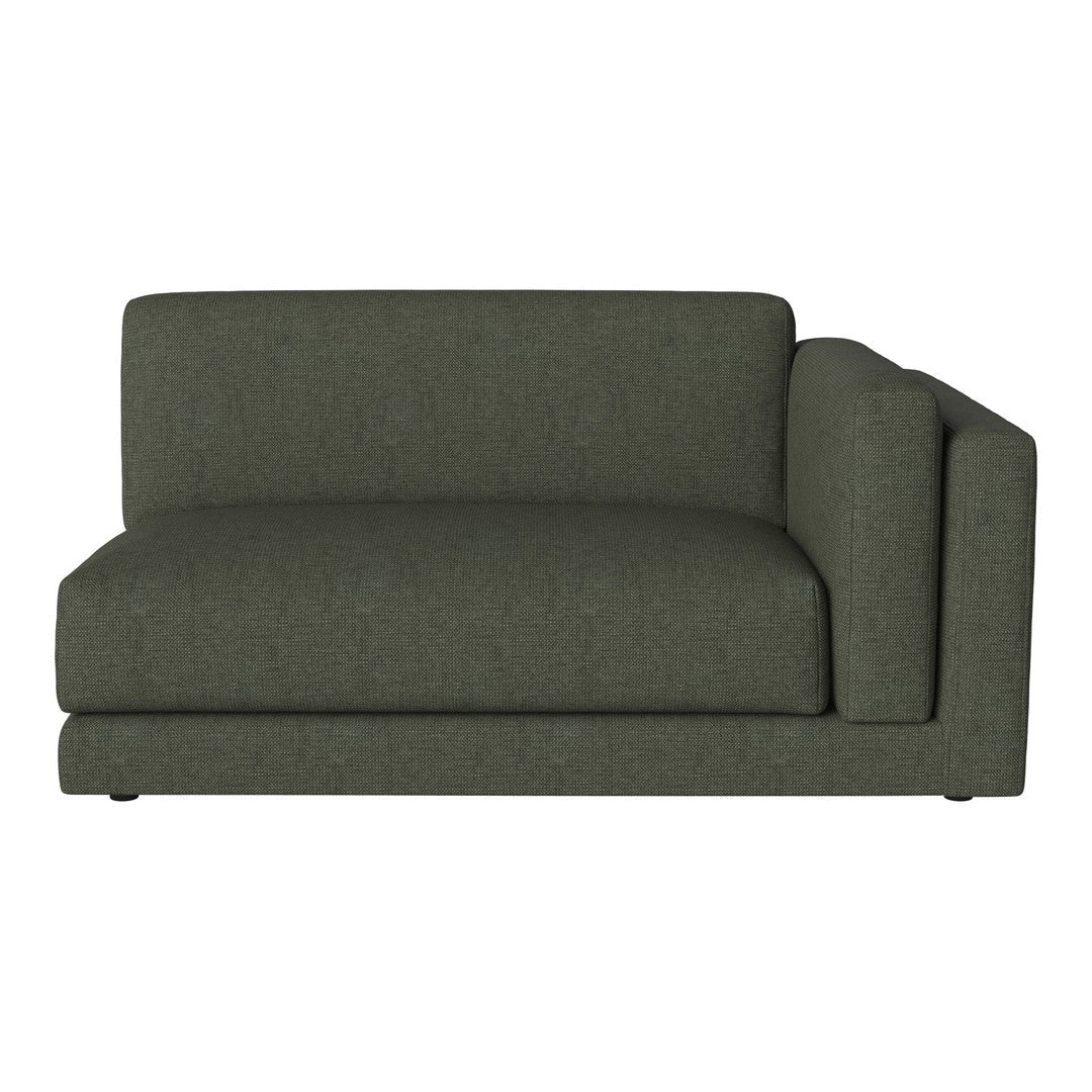 Olive green, textured fabric sofa with a minimalist design and a single armrest for modern living spaces.