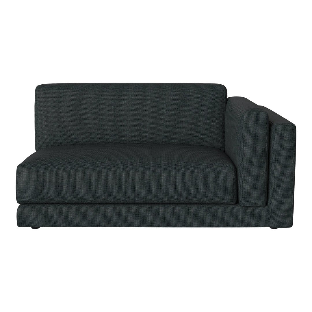 Dark gray upholstered sectional sofa with a textured fabric and modern design. Perfect for contemporary interiors.