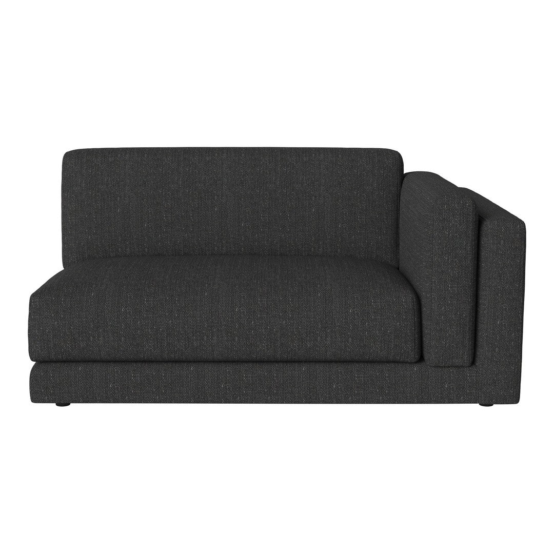 Charcoal gray upholstered loveseat with a sleek, minimalist design and subtle texture. Perfect for modern decor.