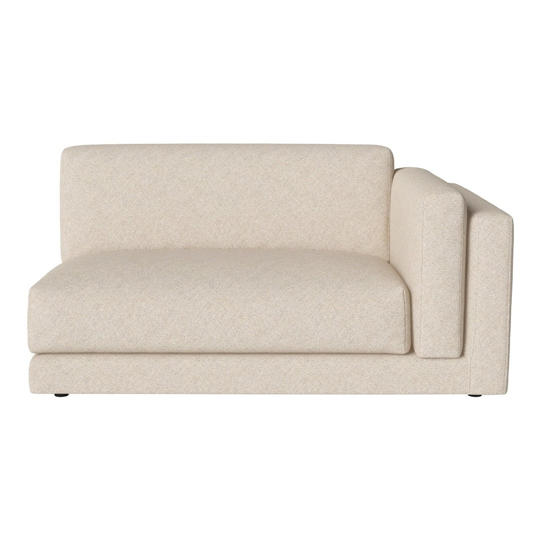 Cream-colored upholstered loveseat with a subtle textured pattern, featuring a modern, minimalist design.