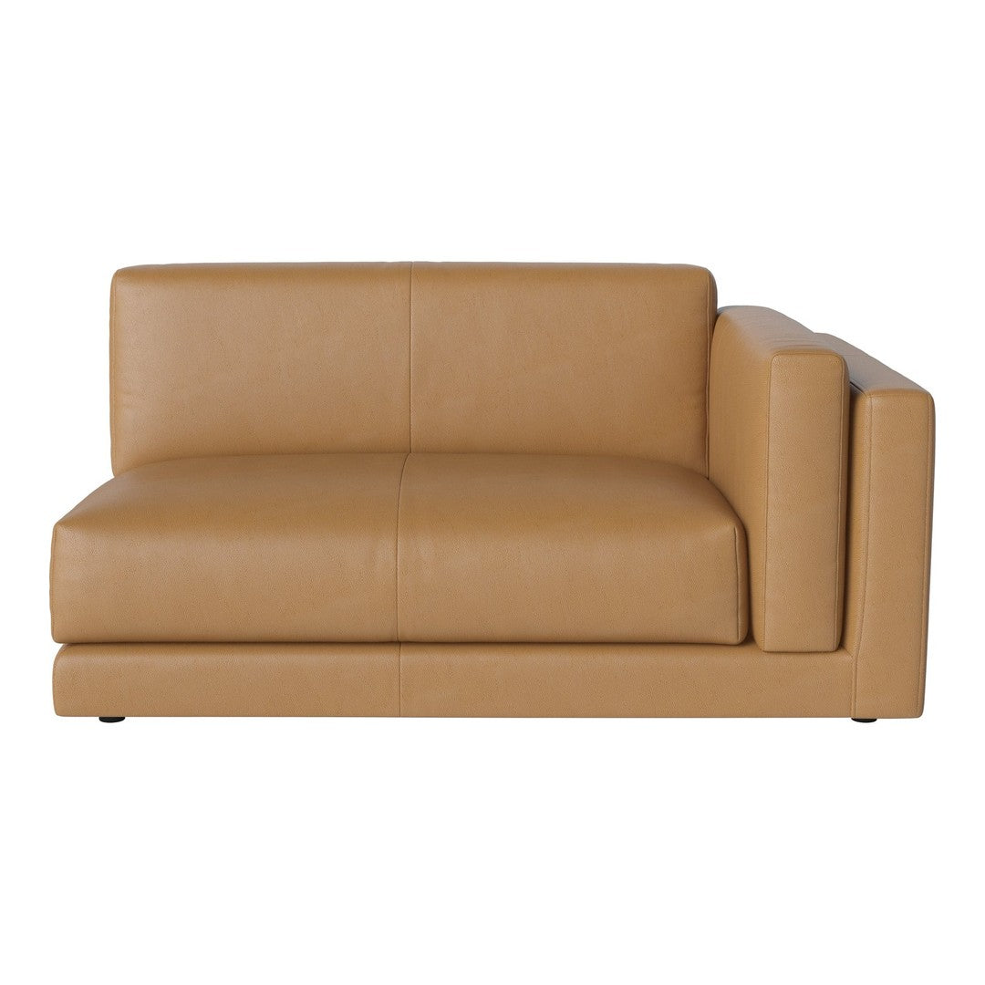 Tan leather sofa with a smooth finish and minimalist design, featuring clean lines and a modern aesthetic.