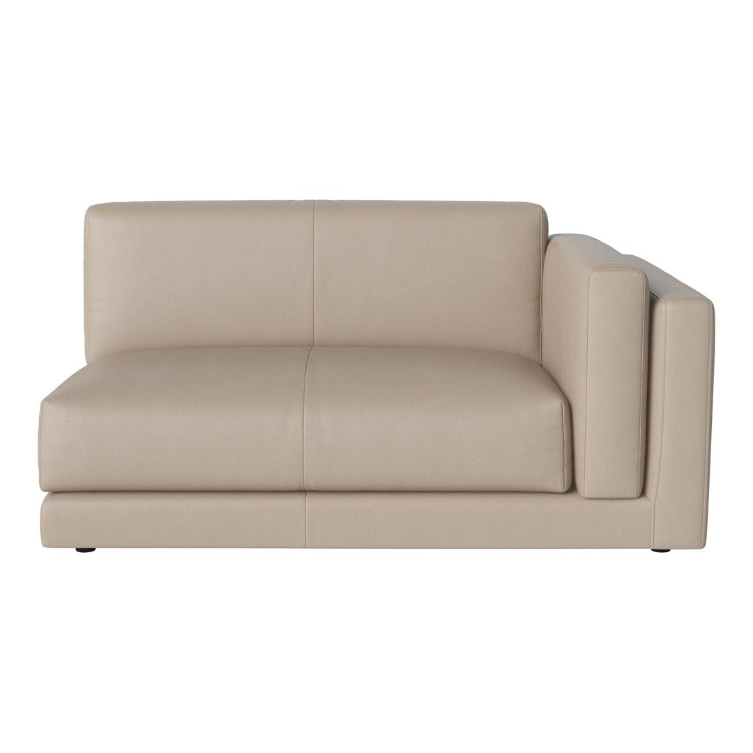 Beige leather sofa with smooth, minimalist design and subtle stitching accents. Perfect for modern decor.