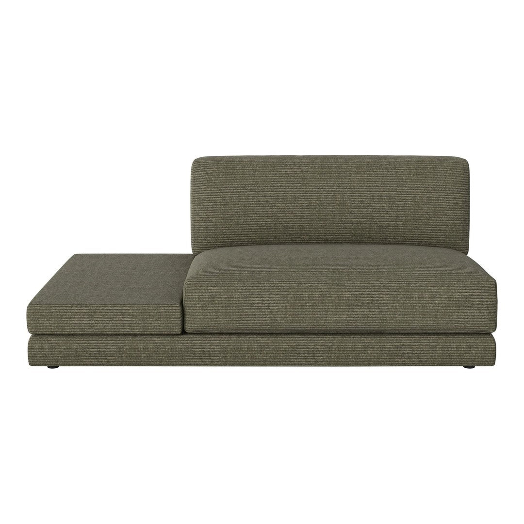 Olive green chaise lounge with textured fabric and sleek, modern design. Perfect for contemporary living spaces.