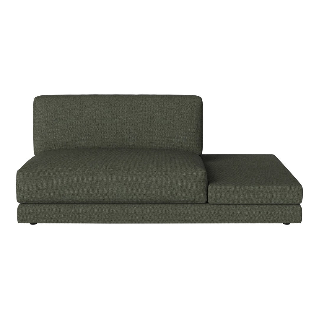 Dark green sofa with a textured fabric and minimalist design, featuring a left-facing chaise lounge.