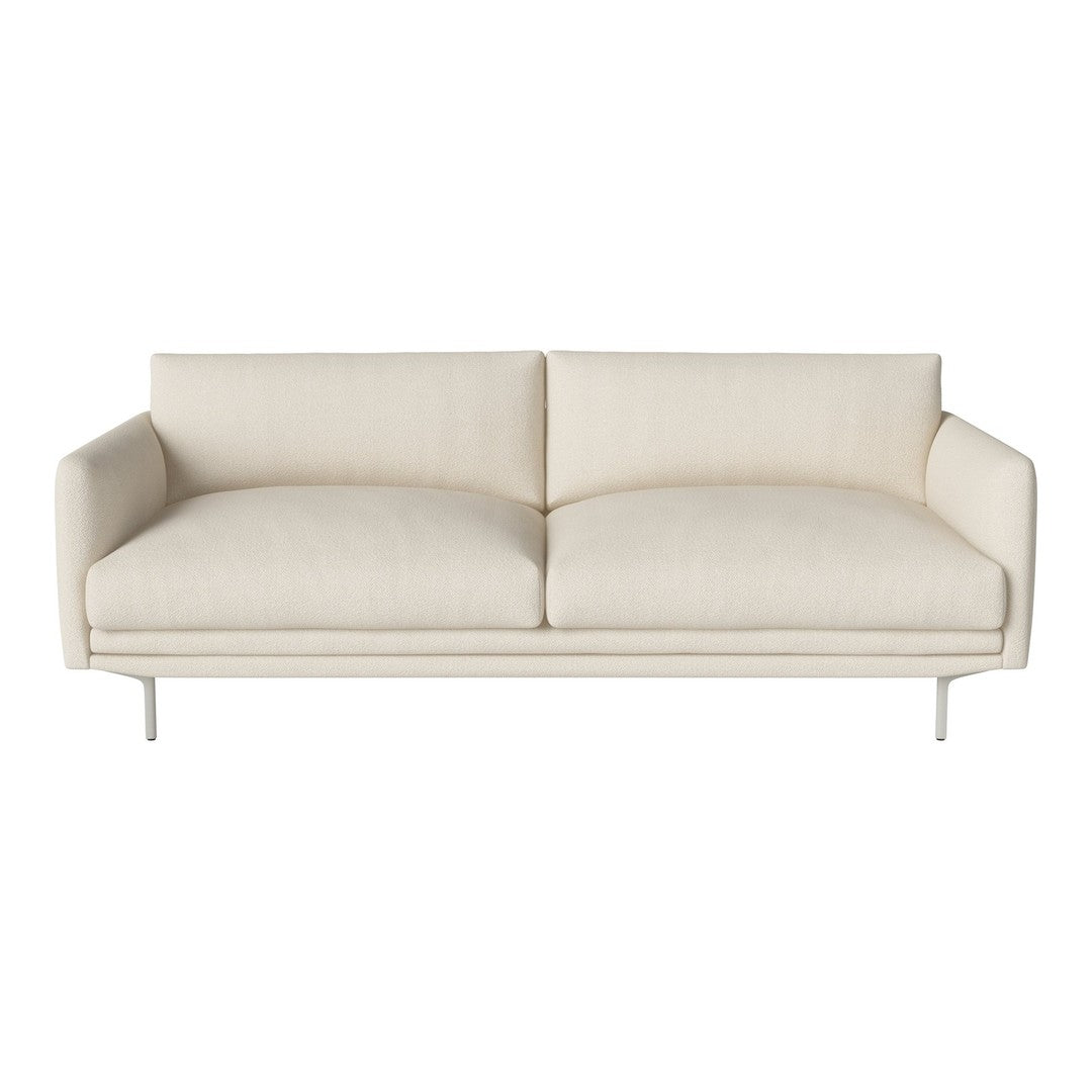 Beige minimalist sofa with smooth fabric and simple lines, perfect for modern decor.