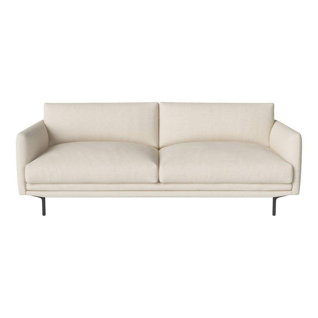Stylish cream sofa with smooth, minimalist design and subtle texture, featuring a sleek black metal frame.