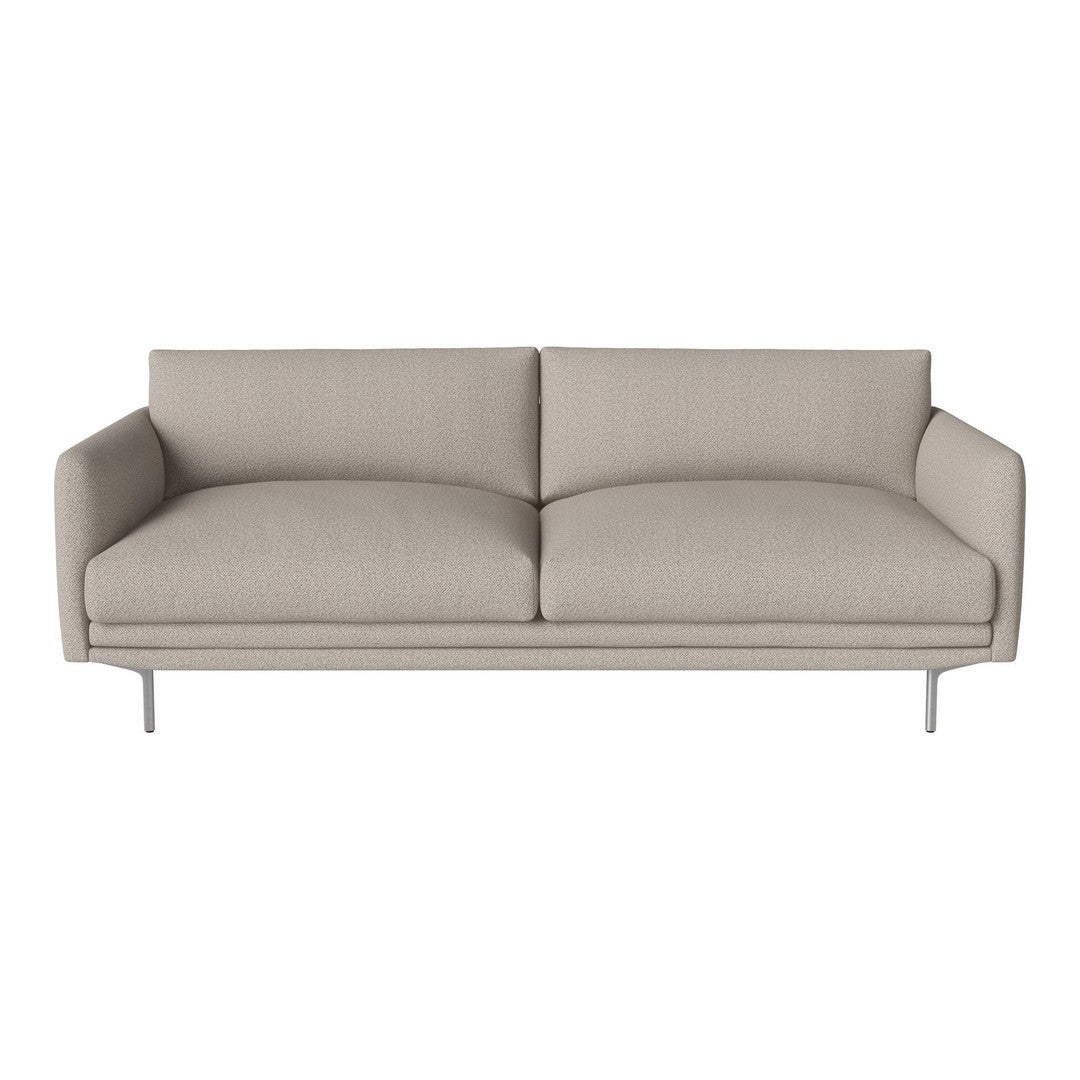 Beige two-seater sofa with smooth fabric and minimalist design, featuring clean lines and subtle texture.