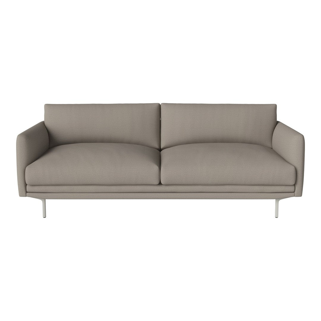 Gray modern sofa with minimalist design and smooth fabric upholstery, featuring silver metal legs.