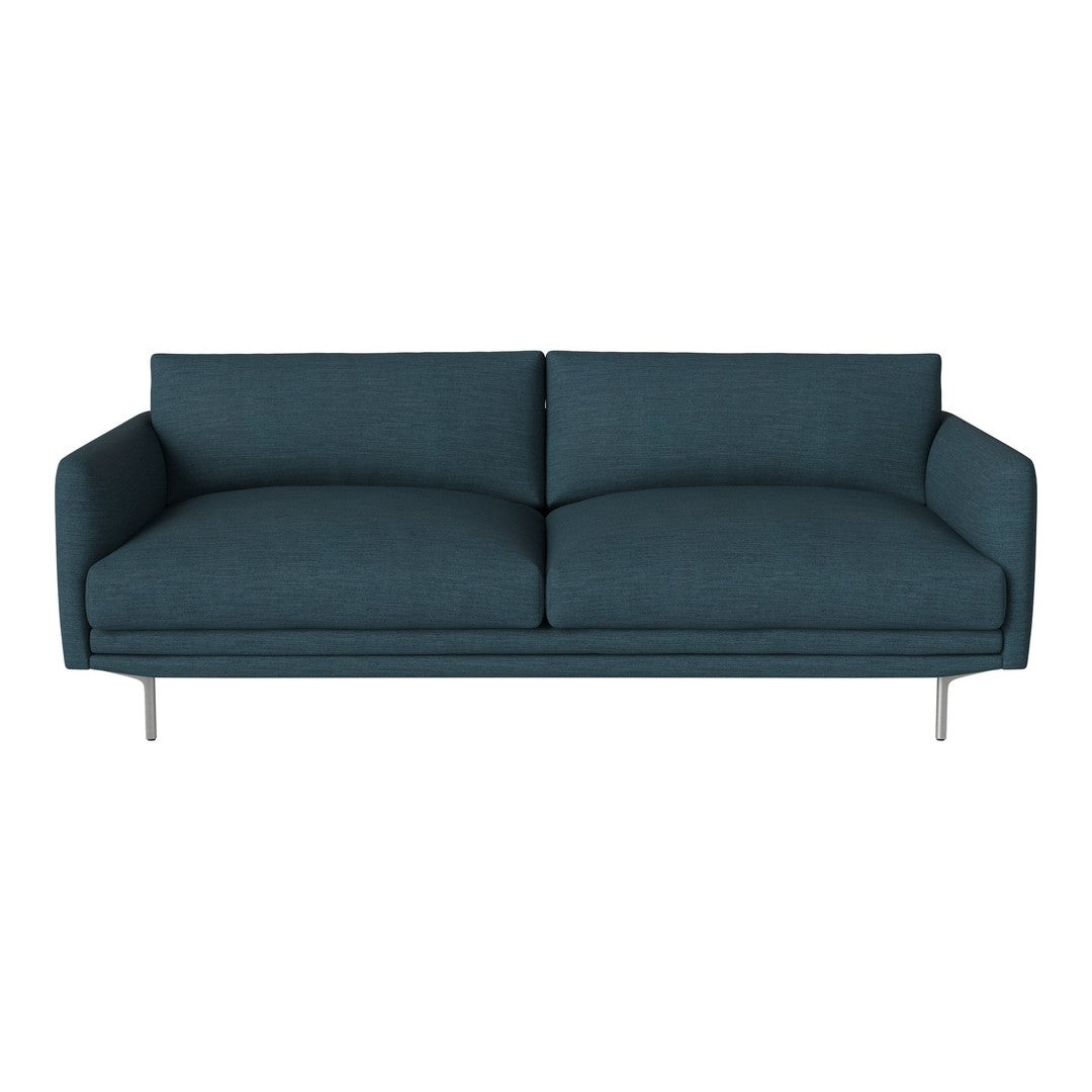 Teal blue upholstered sofa with a smooth texture and minimalist design, featuring two spacious cushions.