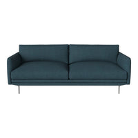 Teal blue upholstered sofa with a smooth texture and minimalist design, featuring two spacious cushions.