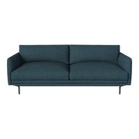 Teal upholstered sofa with a minimalist design and smooth texture, featuring straight lines and black metal legs.