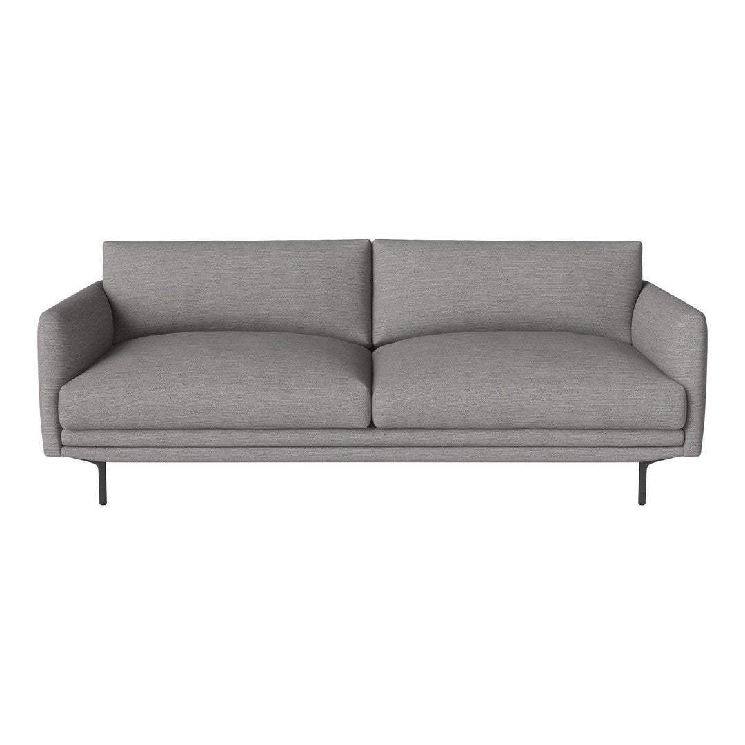 Gray upholstered sofa with a sleek, minimalist design and smooth fabric, accented by slender black metal legs.