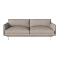Light beige sofa with smooth fabric and minimalist design, featuring straight lines and simple, elegant contours.