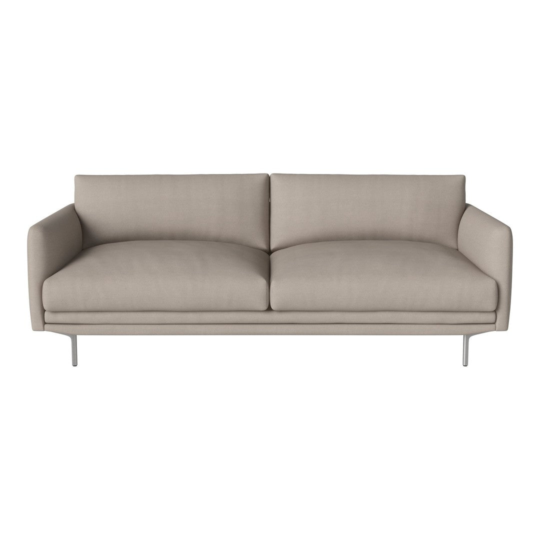 Beige modern sofa with sleek, minimalist design and soft textured fabric, complemented by silver metal legs.